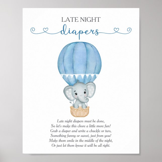 Late Night Diapers Blue Elephant Baby Shower Game Poster (Front)