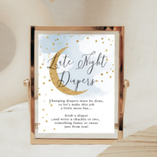 Late Night Diapers Blue Gold Moon Baby Shower Game Poster