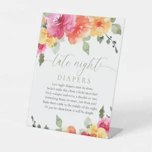 Late night diapers colourful floral baby shower  pedestal sign