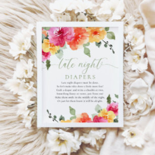 Late night diapers colourful floral baby shower poster