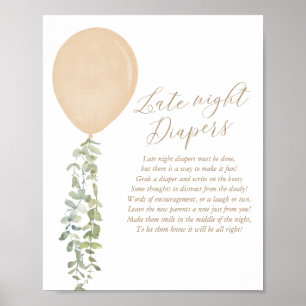 Late Night Diapers Gold Balloon Baby Shower Poster