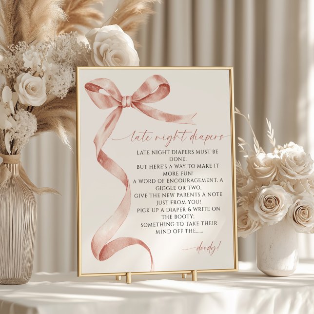 Late Night Diapers Mocha Bow Baby Shower Poster (Creator Uploaded)