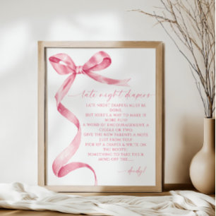 Late Night Diapers Pink Bow Baby Shower Poster