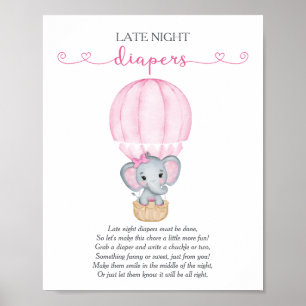 Late Night Diapers Pink Elephant Baby Shower Game Poster