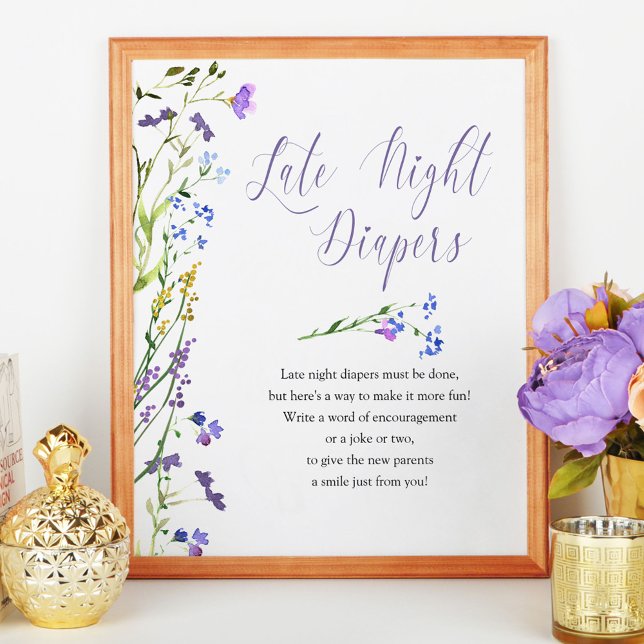 Late Night Diapers Purple Wildflower Baby Shower Poster (Baby Shower activity sign from my Purple Wildflower Collection. Order printed or as a printable)