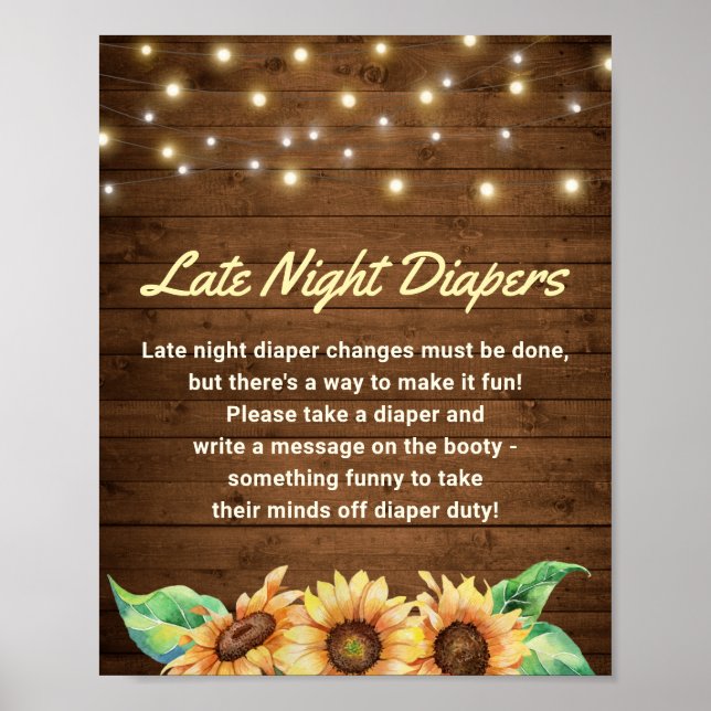 Late Night Diapers Rustic Sunflower Baby Shower Poster (Front)