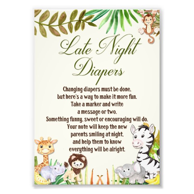 Late Night Diapers Sign, Baby Shower, Safari Photo Print (Front)