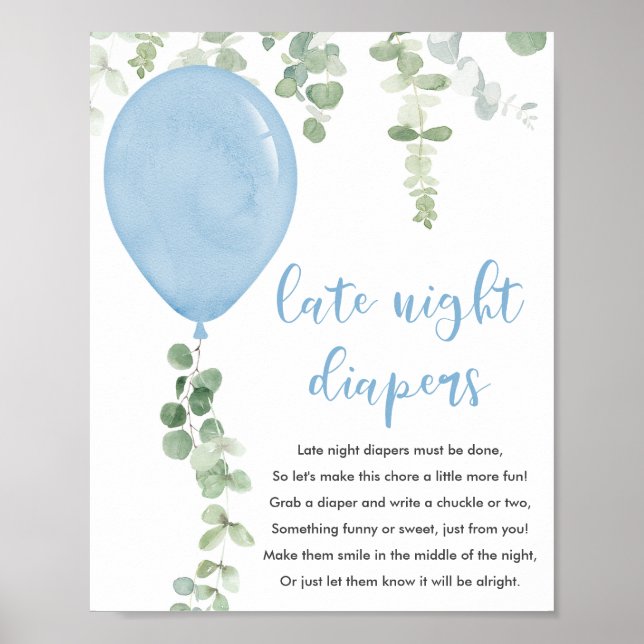 Late night diapers sign blue balloons baby shower (Front)