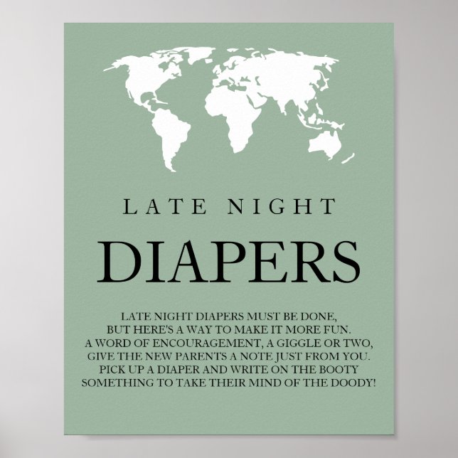 Late Night Diapers Travel World Map Baby Shower Poster (Front)