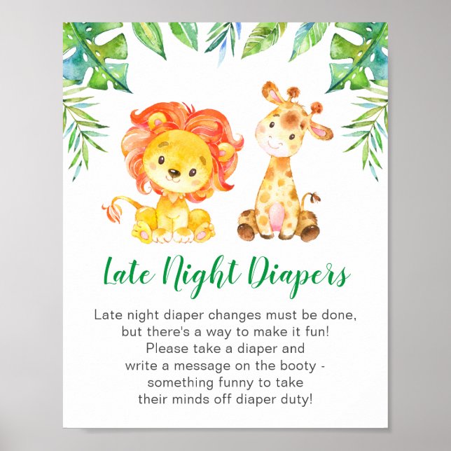 Late Night Diapers Wild Jungle Safari Baby Shower Poster (Front)