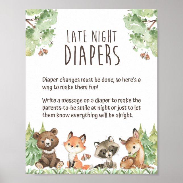 Late Night Diapers Woodland Animals Shower Sign (Front)