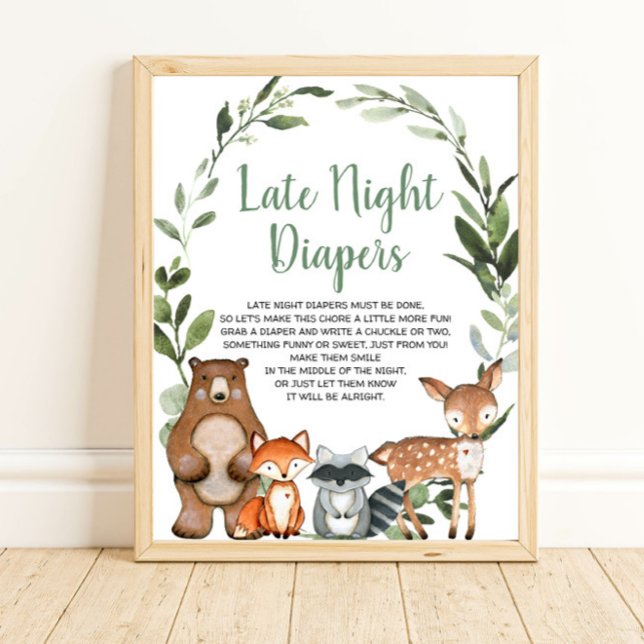 Late night diapers woodland baby shower game sign (Creator Uploaded)