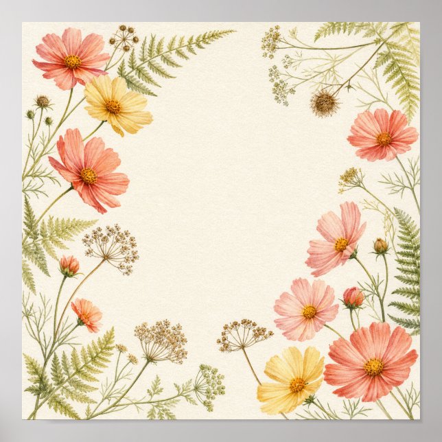 Late Summer Cosmos Botanical Square Wall Art Print (Front)