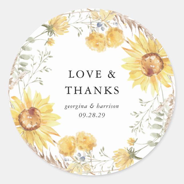 Late Summer Sunflower Wedding Favour Classic Round Sticker (Front)