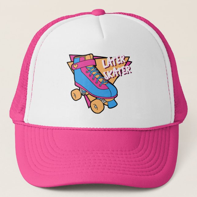 Later Skater Pink Blue 80s Cartoon Roller Skate Trucker Hat (Front)