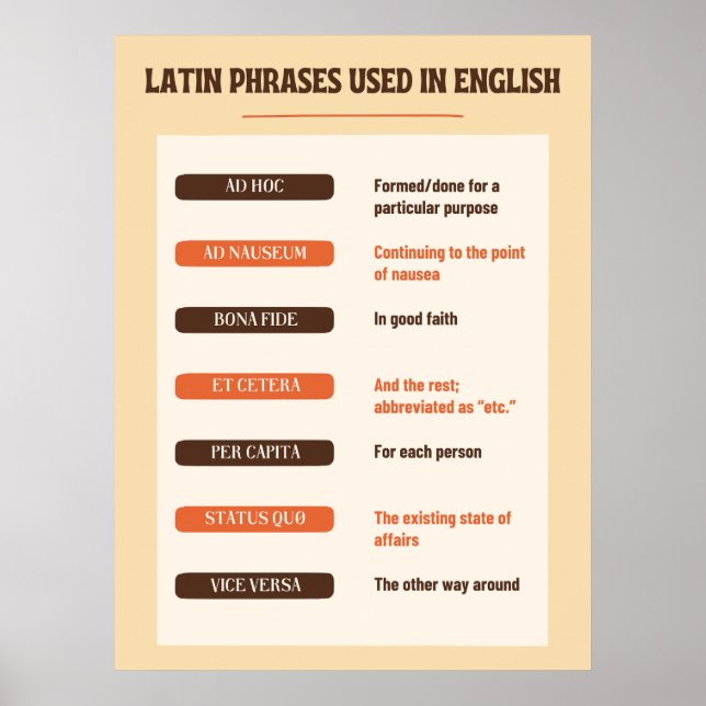 Latin Phrases Used In English Classroom Poster  (Front)