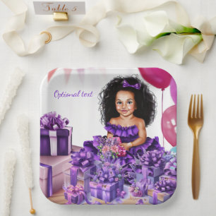 Latino Girl Curls Purple Dress Party Paper Plate