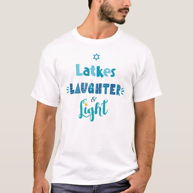 Latkes Laughter Light Blue Typography Hanukkah Fun T-Shirt (Front)