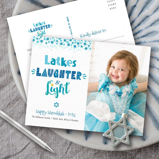 Latkes Laughter Light Modern Fun Hanukkah Photo Holiday Postcard (Creator Uploaded)