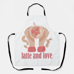 Latte and love cup, hands and coffee quote apron