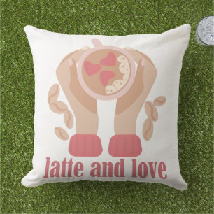 Latte and love cup, hands and coffee quote cushion