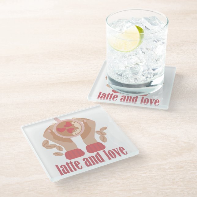 Latte and love cup, hands and coffee quote  glass coaster (Angled)