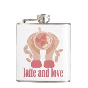 Latte and love cup, hands and coffee quote  hip flask