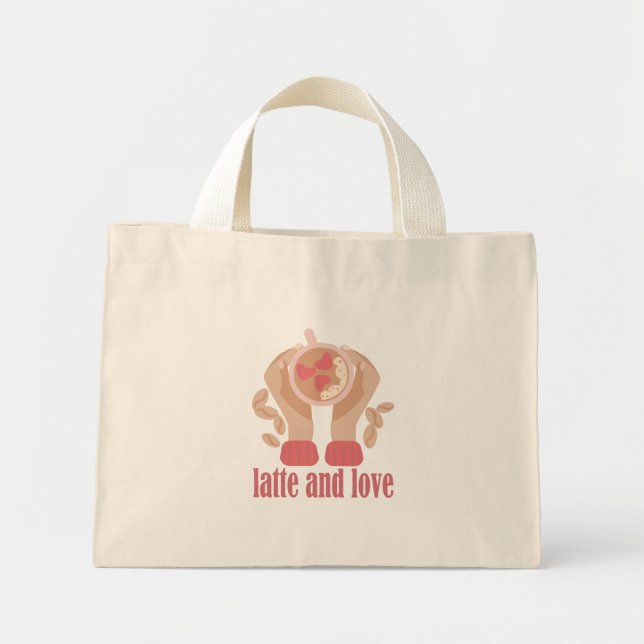 Latte and love cup, hands and coffee quote   mini tote bag (Front)