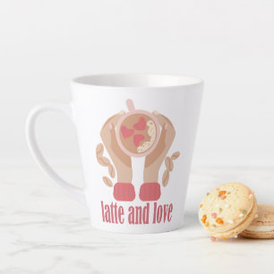 Latte and love cup, hands and coffee quote  mug