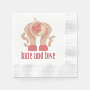 Latte and love cup, hands and coffee quote napkin