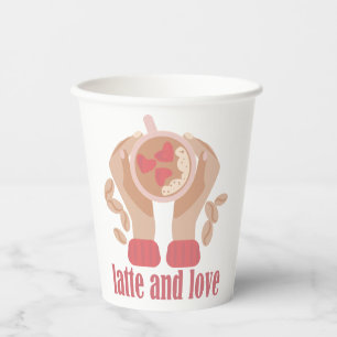 Latte and love cup, hands and coffee quote paper cups