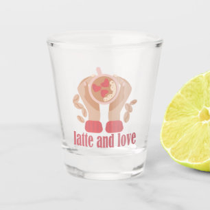 Latte and love cup, hands and coffee quote shot glass