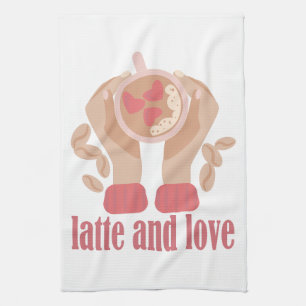 Latte and love cup, hands and coffee quote tea towel