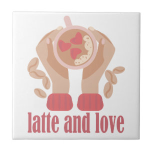 Latte and love cup, hands and coffee quote tile