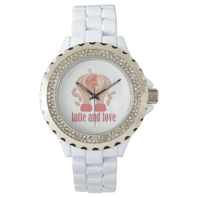 Latte and love cup, hands and coffee quote   watch (Front)