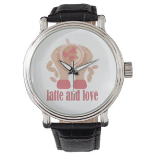 Latte and love cup, hands and coffee quote watch