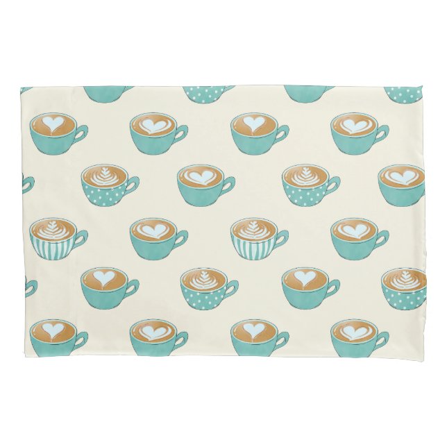 Latte Art in Cute Blue Coffee Mugs Pillowcase (Front)