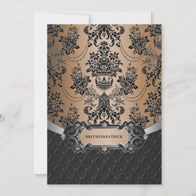 Latte Brown & Black Damask Wedding Invitations (Front)