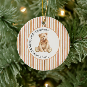 Latte Cocoa Blush Stripes Teddy Bear Christmas Ceramic Tree Decoration