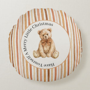 Latte Cocoa Blush Stripes Teddy Bear Christmas Round Cushion