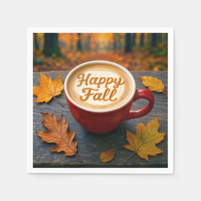 Latte Happy Fall In a Red Mug With Autumn Leaves Napkin (Front)