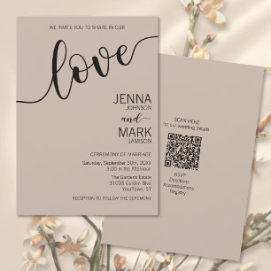 Latte Mocha Black Love Script Minimalist Wedding Invitation