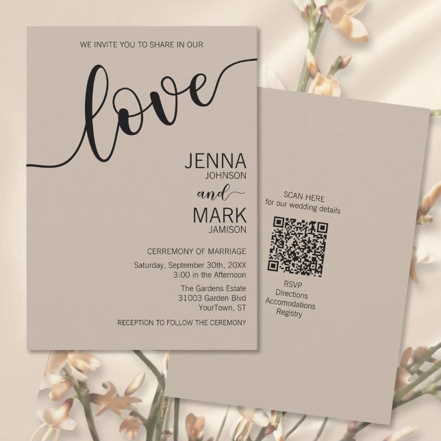 Latte Mocha Black Love Script Minimalist Wedding Invitation (Creator Uploaded)
