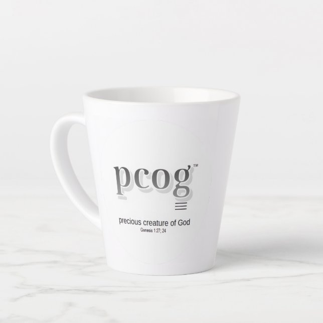 Latte Mug 12 oz flaired - "pcog" aconym and words (Left Angle)