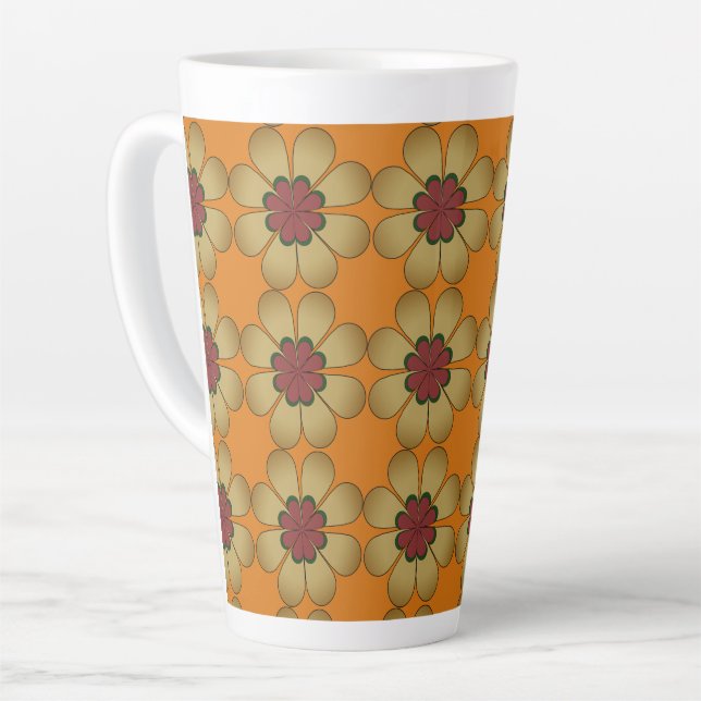 Latte Mug - Stylised Daisies on Orange (Left Angle)