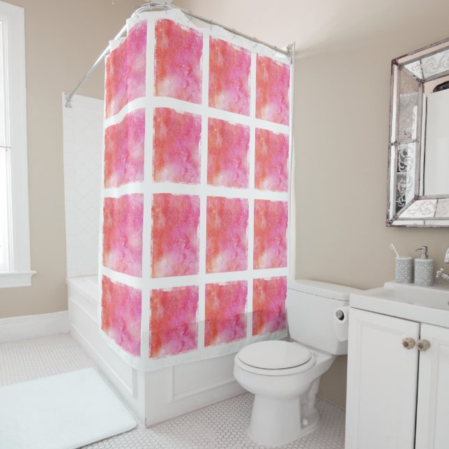 Lattice and Marble Effect Pink and Orange Shower Curtain (In Situ)