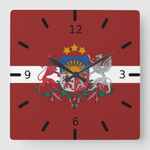 Latvia flag-coat of arms    square wall clock