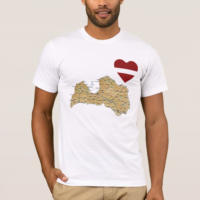 Latvia Flag Heart and Map T-Shirt (Front)