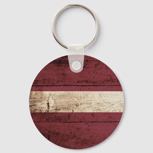 Latvia Flag on Old Wood Grain Key Ring (Front)