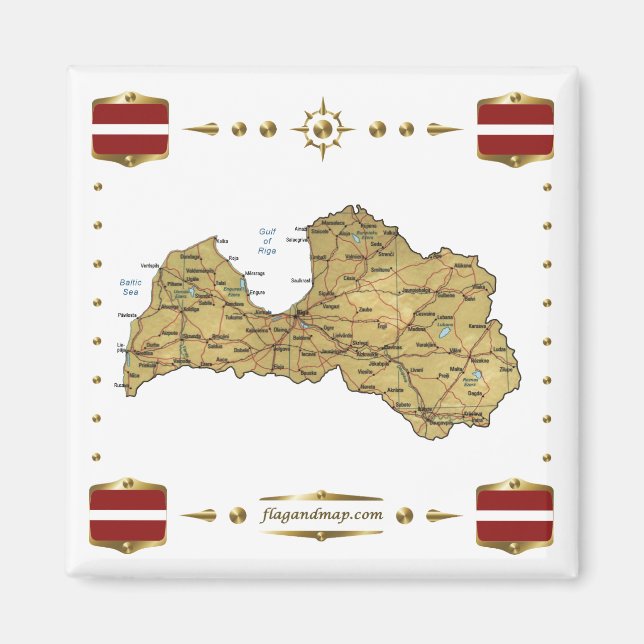 Latvia Map + Flags Magnet (Front)